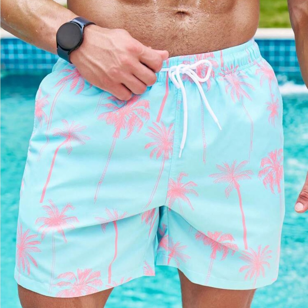 Men's Coconut Tree Printed Drawstring Waist Beach Shorts